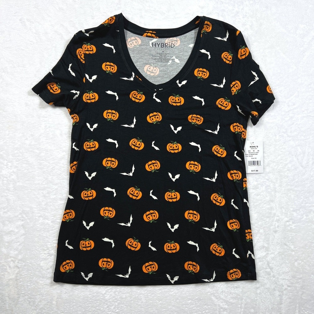 Hybrid Apparel Womens Halloween Pumpkin Bat V-Neck T-Shirt Black XS